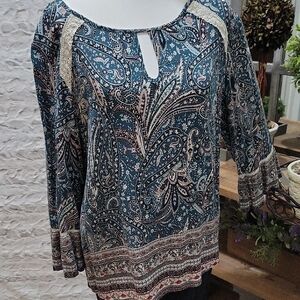 Artesia Paisley Keyhole Peasant Tunic in Teal, Womens Sz XL, Boho, Gypsy